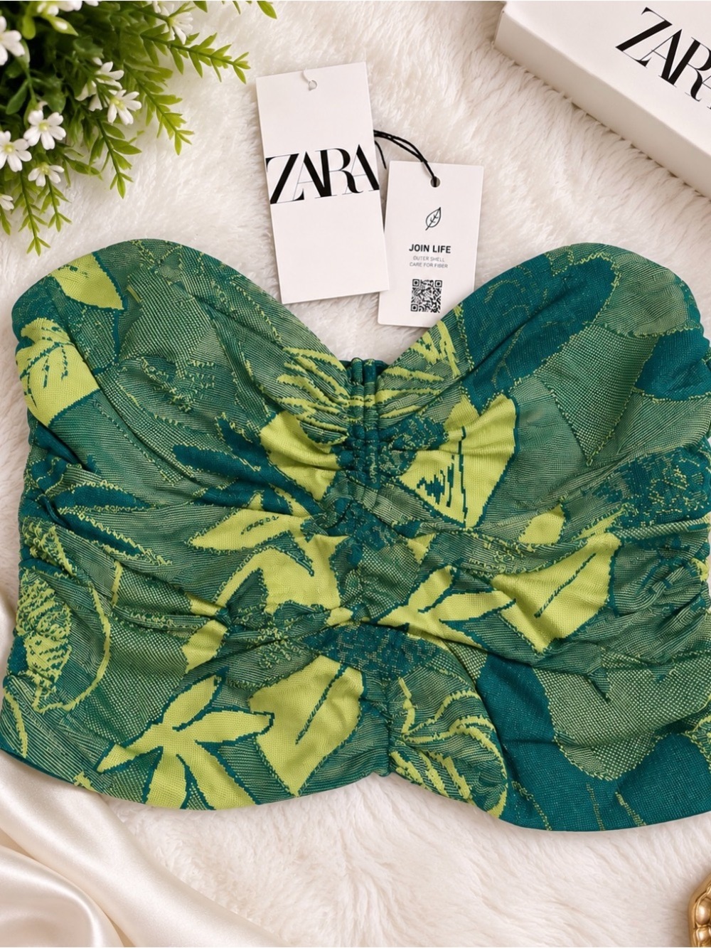 Zara Green Leaf-Print Sweetheart Strapless Crop Top